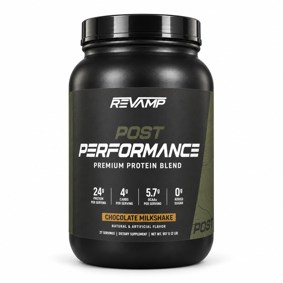 A black Revvamp Post Performance protein powder tub in Chocolate Milkshake flavor, shown on a clean white background.