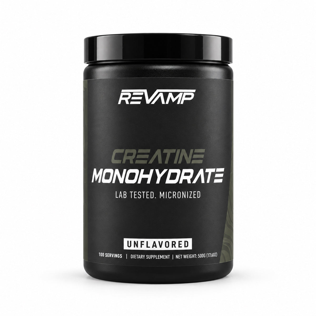 A black Revamp Creatine Monohydrate supplement tub on a clean white background.