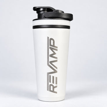 White ReVamp Ice Shaker Insulated Shaker Bottle with ReVamp Logo.