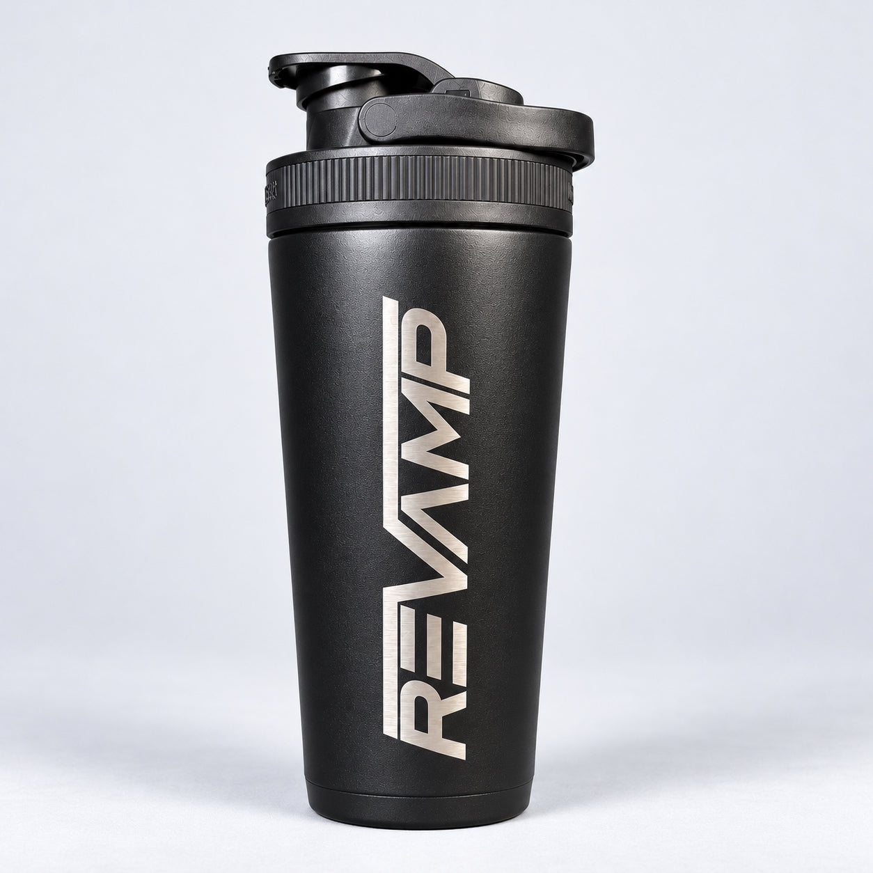 Black ReVamp Ice Shaker Insulated Shaker Bottle with ReVamp Logo.