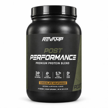A black Revvamp Post Performance protein powder tub in Chocolate Milkshake flavor, shown on a clean white background.