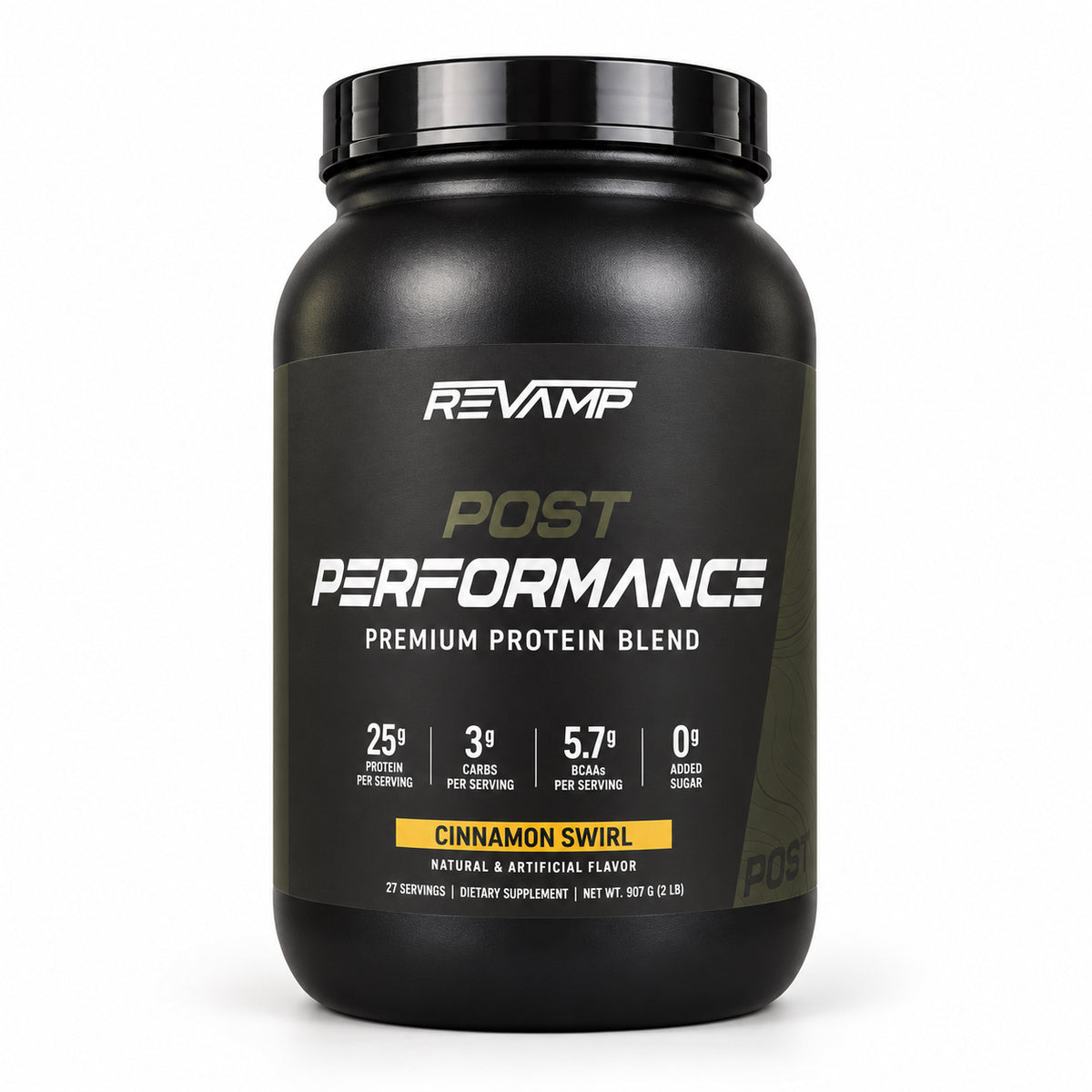 A black plastic tub of Revamp Post Performance Premium Protein Blend in Cinnamon Swirl flavor, shown on a clean white background.