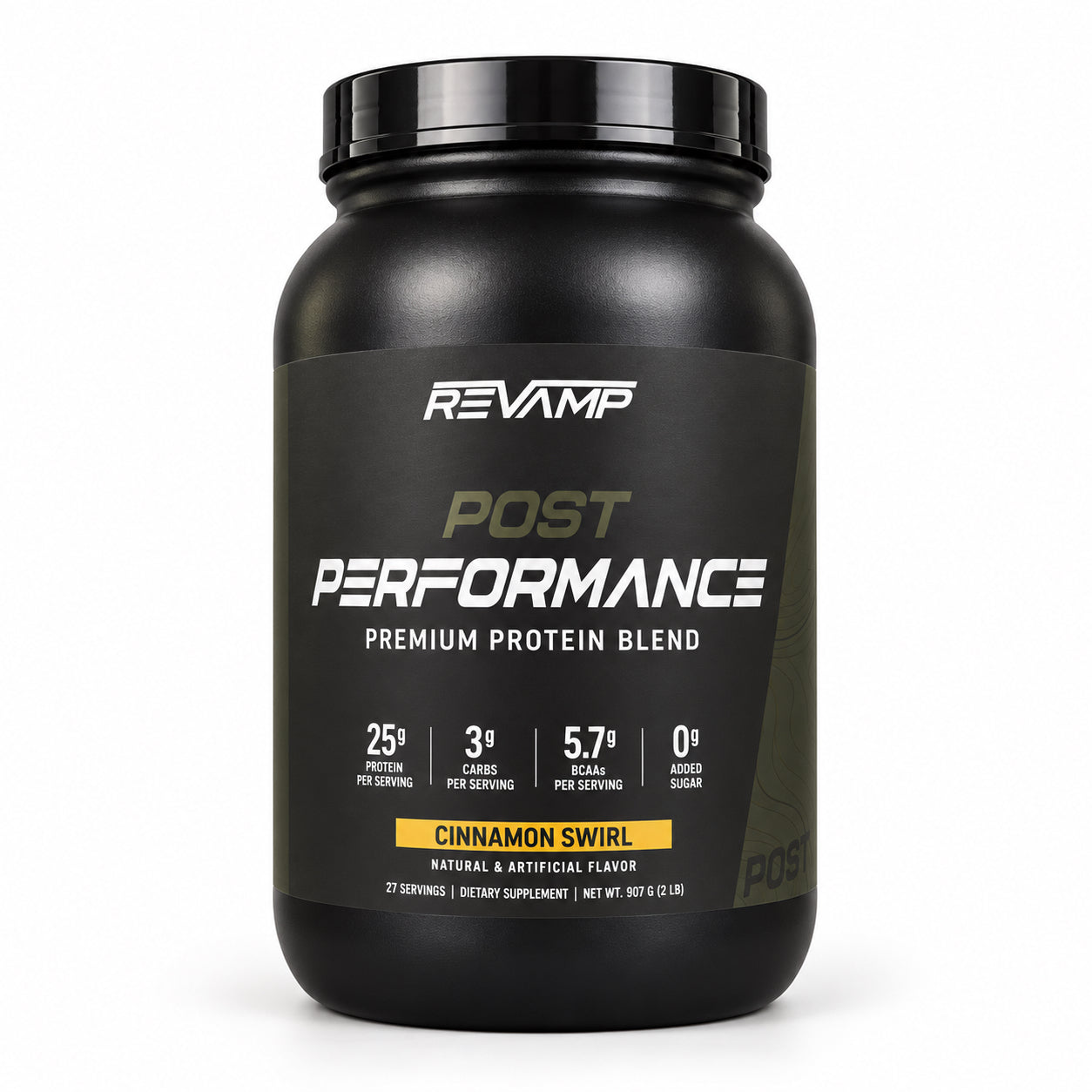 A black plastic tub of Revamp Post Performance Premium Protein Blend in Cinnamon Swirl flavor, shown on a clean white background.