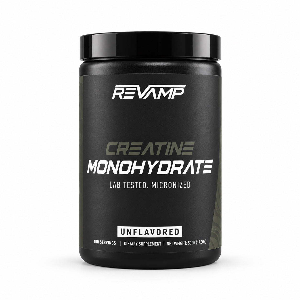 A black Revamp Creatine Monohydrate supplement tub on a clean white background.