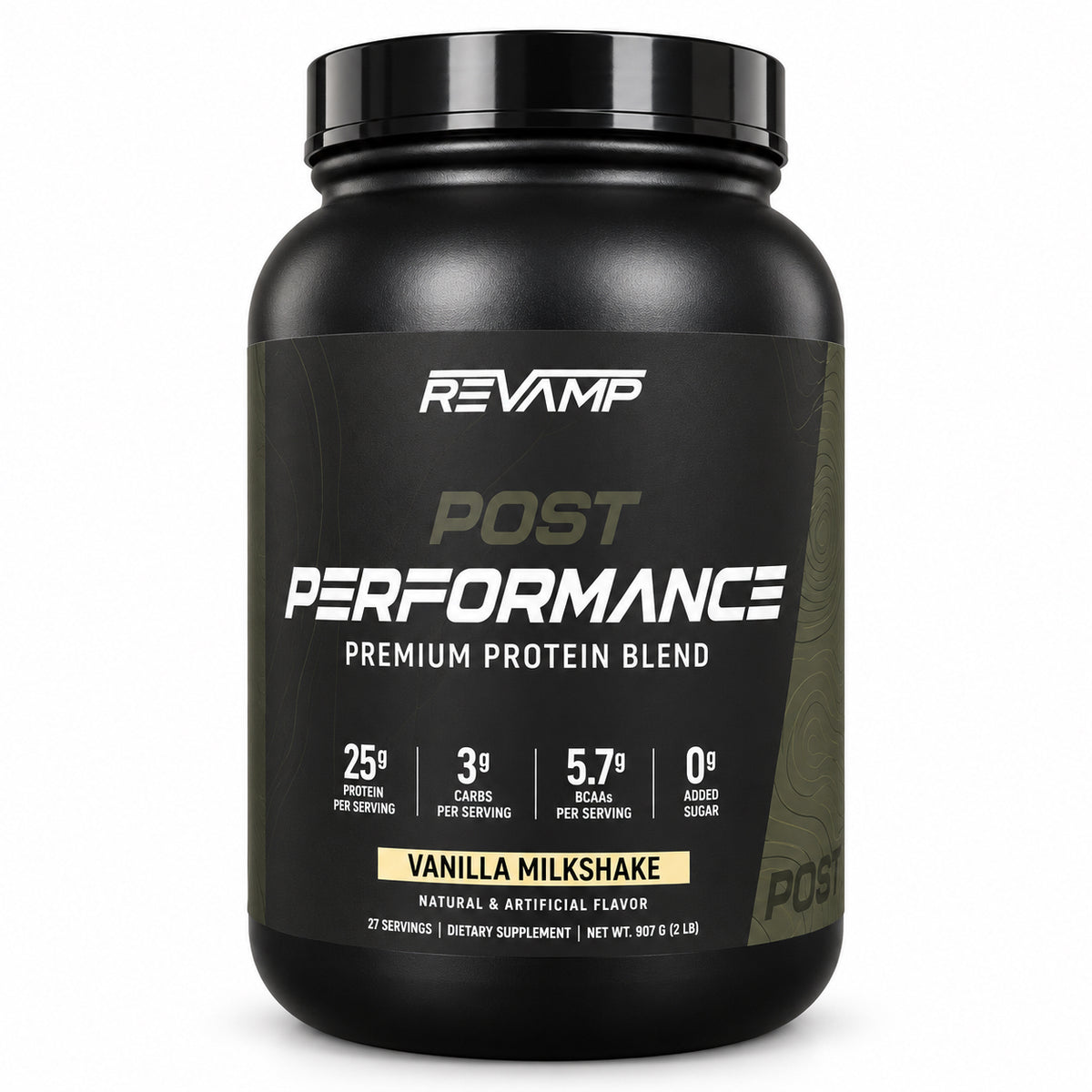 A black plastic tub of Revamp Post Performance Premium Protein Blend in Vanilla Milkshake flavor, shown on a clean white background.