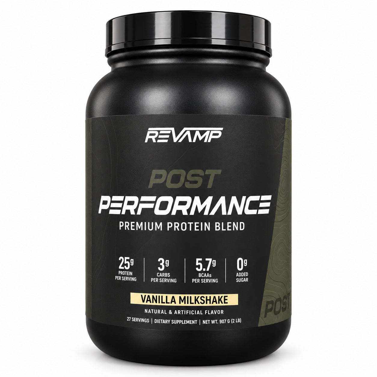 A black plastic tub of Revamp Post Performance Premium Protein Blend in Vanilla Milkshake flavor, shown on a clean white background.